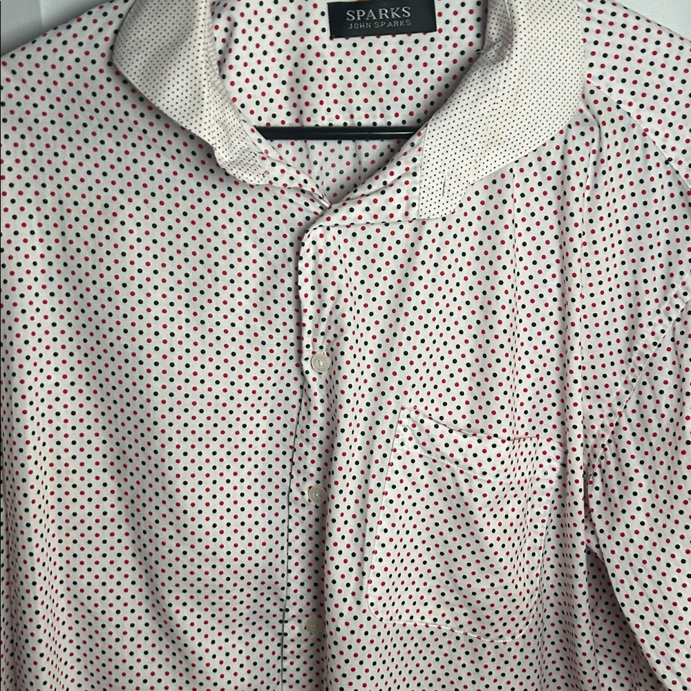 John Sparks White Casual Button-Down Shirt with Red & Black Polka Dots